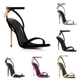 23S Prefect Summer Brands Padlock Pointy Naked Sandals Shoes Women's Black Gold-tone Key & Lock High Heels Lady Gladiator Sandalias Party Wedding Bridal EU35-43