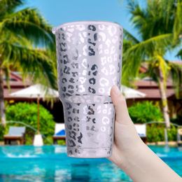 Cosmetic Bags 30oz Silver Stainless Steel Tumbler With Lid Leopard Cheetah Double Wall Vactumbler For Water Mug Cup Beer Personalised