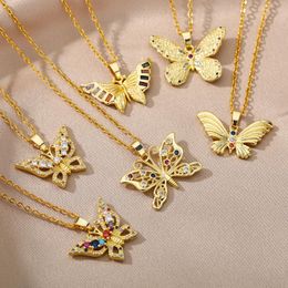 Pendant Necklaces Colorful Zircon Butterfly Necklace For Women Hip Hop Punk Sweater Chain Stainless Steel JewelryPendant