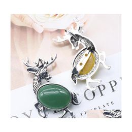 Pendant Necklaces Natural Stone Gem Brooch Elk Deer Rose Quartz Crystal Jade Onyx Bead Necklace Healing Jewelry For Women Rope Sexyh Dhr4V