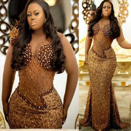 2023 Arabic Aso Ebi Brown Mermaid Prom Dresses Beaded Crystals Luxurious Evening Formal Party Second Reception Birthday Engagement Gowns Dress ZJ224