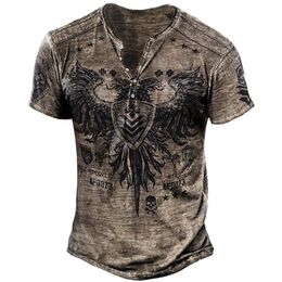 Men's T-Shirts Cotton Vintage Tops Henley Skull Print Eagle 3D T- 5XL Summer Short V-Neck Street Casual Button-Down Tee 230217