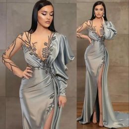 Silver Sheath Long Sleeves Evening Dresses Wear Illusion Crystal Beading High Side Split Floor Length Party Dress Prom Gowns BC10758