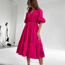 Casual Dresses New Womens Summer Mid Length Dress Solid Colour Puff Half Sleeve VNeck Elastic Waist Fashion Dress Club Street Style Hot S M L Z0216