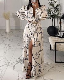 Casual Dresses Spring Women Abstract Figure Print Buttoned Shirt Dress Without Belt 2023 Femme Lantern Sleeve Maxi Robe Office Lady Outfit
