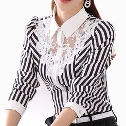 Women's Blouses Shirts Women Blouse Long Sleeve Lace Tops Striped Turn-Down Collar Official Female Formal Shirt Spring Autumn 230217