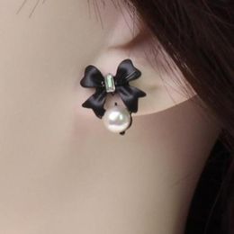 Stud Earrings Black Little Bowknot With Simulated-pearl Cute Studs Female Elegant Fashion Jewelry For Women