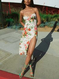 Casual Dresses Summer Dresses For Women 2022 Elegant Vintage Floral Print Dress Sweetheart Neck Spaghetti Strap Midi Dress With Slit Sundress Z0216