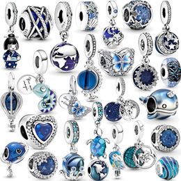 925 STERLING SLATER NOVA MANAGEM MULHERM CHARM Blue Chameleon Silver Minchas, contas de balão, pingente de menina, compatível com pulseiras originais femininas, jóias de bricolage