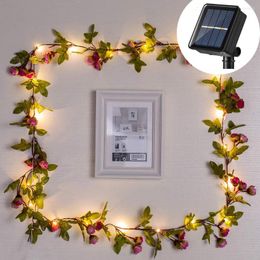 Strings 2/5/10M Solar Powered Artificial Rose Flower Garland Vine Fairy String Lights For Valentine's Day Wedding Party Decoration