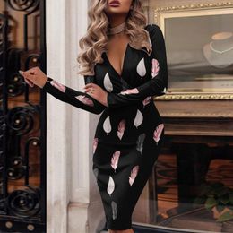 Casual Dresses Feather Printed Sexy V-neck Long Sleeve Deep Party Fit Work For Women Vintage Office Dress Vestido Invierno Mujer