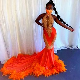 Orange Feathers Mermaid Prom Dresses For Black Girls Halter Lace Appliques Backless evening Birthday Party Dress Long African BC12718