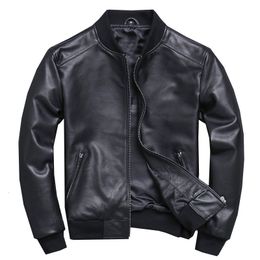 Men's Leather Faux Black Aviation Genuine Bomber Jacket Men Pilot Sheepskin Real coat short Slim business jacket leather 230217