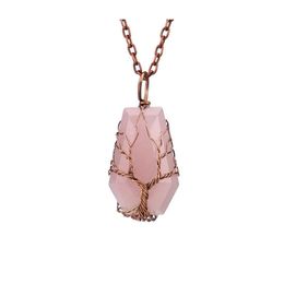 Pendant Necklaces Wire Wrapped Coffin Fortune Tree Of Life Necklace Natural Stone Pink Quartz Healing Crystal Tiger Eye Amethyst Wom Dhg7E