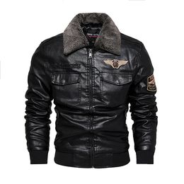 Men's Jackets Fleece Winter Thicken Pu Detachable Fur Collar Bomber Leather Jacket Coat for Male 230217