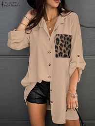 Women's Blouses Shirts Patchwork ZANZEA Fashion Leopard Long Sleeve Blusas Female Button Lapel Tunic Oversized Chemise 230217