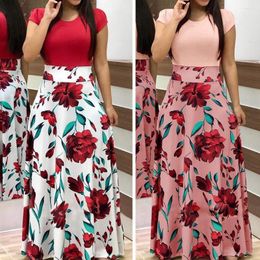 Casual Dresses S!!! Women Floral Print Color Block Round Neck Beach Party Short Sleeve Maxi Dress