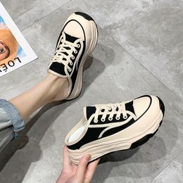 Sandals Ladies Slippers 2023 Summer Trend Baotou Half Outer Wear Versatile Casual Lace Up Canvas Platform Shoes