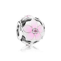 Openwork Pink Magnolia Flower Charm Real Sterling Silver for Pandora Jewelry Snake Chain Bracelet Bangle Necklace Making Components Charms with Original Box