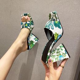 Sandals Fashion High Heels Women's Slip-On Shoes Summer Female Slippers Open Toe Triangle Printing Florals