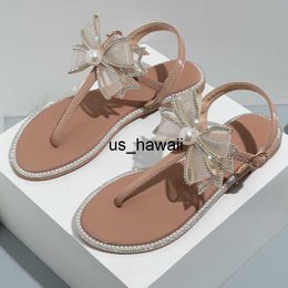 Slippers Slippers Rhinestone pearl bow design Flat Sandals Women Outdoor Beach Non-slip Woman Slides Fashion 2023 Female Shoes 0217V23