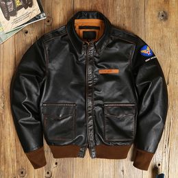 Men's Leather Faux YRRetro Classic A2 type horsehide coatVintage Us air force genuine leather jacketBomberRider cloth 230217