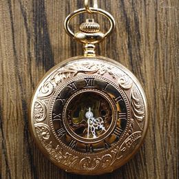 Pocket Watches Antique Rose Gold Roman Number Carving Mechanical Hand Wind Watch With Pendant Chain Fob Gift Box