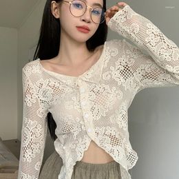 Women's Blouses Women Irregular Long Sleeve Single Breasted Transparent Shirts Lady Casual Lace Shirt 2023 Spring Korean Fashion Sun Protect