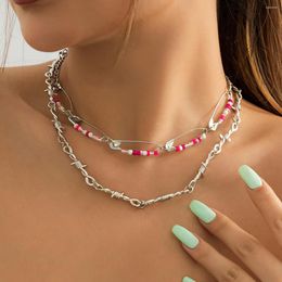 Pendant Necklaces 2pcs Hip-hop Metal Double Layered Punk For Women Personality Pink Pin Bead Clavicle Chain Hollowed Geometric Choker