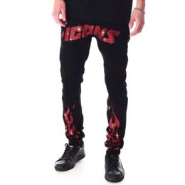 Men's Jeans Stretchy Hole Black Skinny Slim Fit Punk Streetwear Biker Trousers Man Red Letter Denim Pencil Pants 230216