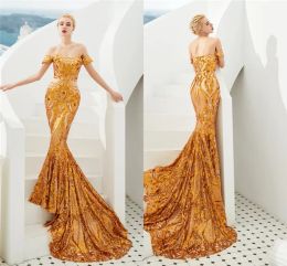 Gorgeous Designer Mermaid Evening Dresses Gold Black Lace Prom Dress Elegant Off Shoulder Backless Custom Made Vestidos de BM3302