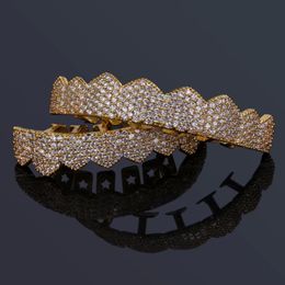 Navel Bell Button Rings TOP Fit Gold Silver Color Iced Out Hip Hop Teeth Micro Pave Cubic Zircon Top Bottom Grills Set 230216