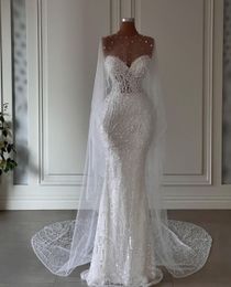 Hochzeit stilvolle Meerjungfrau Kleider ärmellose V Hals 3d Spitzen Appazen Pailletten Perlen bodenlange Perlen Vorhänge plus Größe Elegante Brautkleider Abiti da Sposa 0417