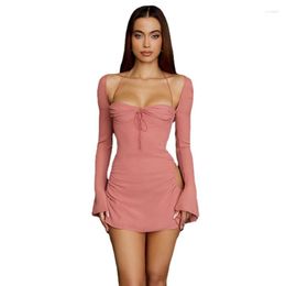 Casual Dresses Women Dress Long Sleeve Solid Color Fashion Square Collar Bandage Robes Sexy Cut Out Party Club Short