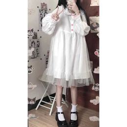 Casual Dresses HOUZHOU White Kawaii Lolita Dress Women Long Sleeve Chiffon Patchwork Midi Dresses Japanese Sweat Girls Robe Preppy Style Outfit Z0216