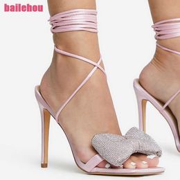 Dress Shoes High Heels Cross-Tied Rhinestones Women Pumps Shoes Female Slides Casual Outside 2023 Butterfly-Knot Square Toe Sandals Big Size L230216