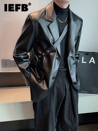 Men's Jackets IEFB Pu Leather Coat Niche Korean Fashion Suit Loose Cotton Thick 2023 Autumn Solid Colour Long Sleeve Male Jacket 9A5240 230217