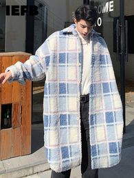 Men's Wool Blends IEFB Plaid Lamb Men Long Coat Windbreaker Casual Versatile Lapel Cotton Clothes Korean Trendy 2023 Male Jacket 9A5638 230217