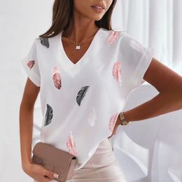 Women's Blouses Shirts Elegant Women V Neck Trendy Printed Tee Comfy Clothes Casual Shirt Tops Summer Short Sleeve Streetwear Blusas 230217