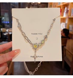 Choker Crystal Opal Pendant Liquid Metal Necklace For Women Clavicle Chain Geometric Irregular Vintage Y2K Jewelry Accessories