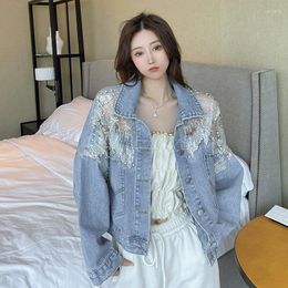 Women's Jackets Chic Mesh Beaded Denim Jacket Coat Women 2023 European Splicing Diamond Loose Female Casual