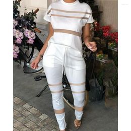 Women's Two Piece Pants Women Ribbed Contrast Mesh Top & Drawstring Set 2023 Summer Fashion Femme Pieces Short Sleeve O-neck Outfits