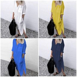 Casual Dresses Women Cotton V-neck Solid Colour Loose Pockets Maxi Shirt Plus Size Dress Long Sleeve Fashion Vestidos Mujer