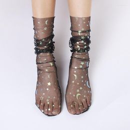 Women Socks Summer Thin Long Glitter Star Moon Tulle Female Transparent Chiffon Lace Up Dress Calcetines