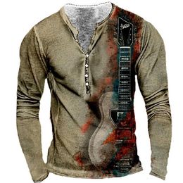 Men's T-Shirts Vintage Cotton Guitar Graphic Print Long Sleeved Tops 5xl Button V neck Tee Oversized T for Shir 230217