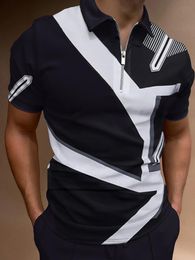 Men's Polos Men Polo Shirts Summer High Quality Casual Daily Short Sleeve Striped Mens Shirts Turn-Down Collar Zippers TEES Men 230217