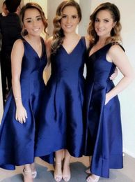 Kraliyet mavi zarif saten nedime elbiseler v boyun bir çizgi çay uzunluğu düğün konuk partisi artı boyutu resmi ocn elbise kadın hizmetçisi onur önlükleri cl1857 0529