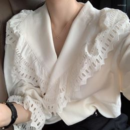 Women's Blouses Neploe Korean Chic Spring French Style Women Blouse Large Lapel Hollow Out Lace Design Loose Long Sleeve Shirt Blusas