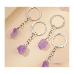 Key Rings Natural Stone Amethysts Crystal Quartz Chain Ring Crystals Keychain Bead Pendant Car Keyrings Bag Accessories Jewellery Drop Dhine