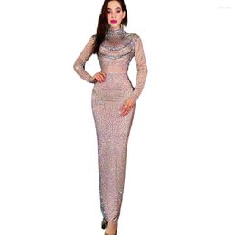 Stage Wear Nude Shining Rhinestone Sequins Sexy Long Women Dress Zipper Evening Party Club Clothing Ballroom Costume Birthday